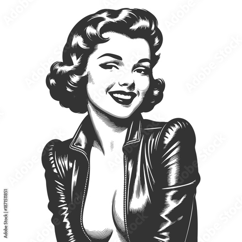 smiling young woman in a leather jacket and choker, expressing confidence and charm sketch engraving generative ai fictional character vector illustration. Scratch board imitation. Black and white.
