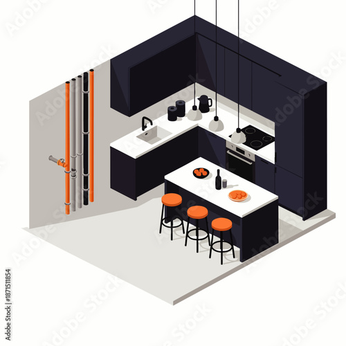 Modern isometric kitchen design with dark cabinets, white countertops, island, and bar stools, featuring industrial pipe details.