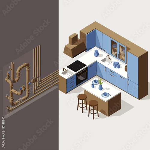Isometric view of a modern kitchen with plumbing system illustration, showcasing home infrastructure and design