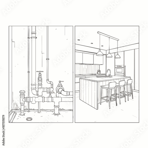 Diptych: Industrial Plumbing System Contrasts with Modern Kitchen Interior Design, Line Art Illustration