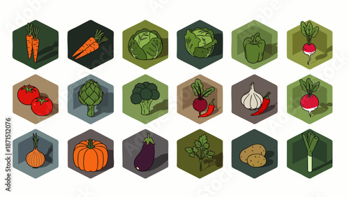 Collection of fresh, colorful vegetables in hexagonal icons with a modern, flat design and subtle shadows.