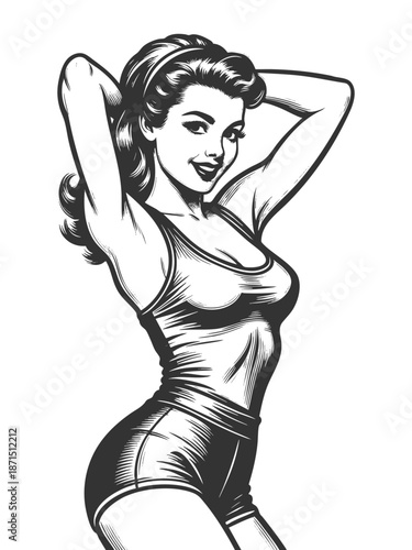 confident woman with wavy hair wearing a tight top and high-waisted shorts, posing playfully sketch engraving generative ai fictional character vector illustration. Scratch board. Black and white.