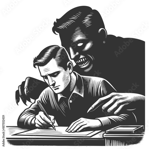 sinister shadow figure looming over and manipulating a man writing at a desk, symbolizing control or anxiety sketch engraving generative ai fictional character vector illustration. Scratch board. 
