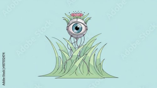 Cybernetic Eyeball Blooming in Green Grass with Pink Flower, Surreal Digital Illustration