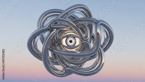 Futuristic metallic sculpture with human eye at center against sunset