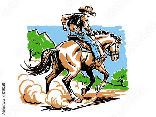 Vintage comic style illustration of a cowboy riding a galloping horse across a rugged landscape, kicking up dust. Wild West design element.