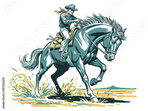 Vintage cowboy riding a fast horse illustration. Western rodeo design graphic print for t-shirt, poster, and sticker use.
