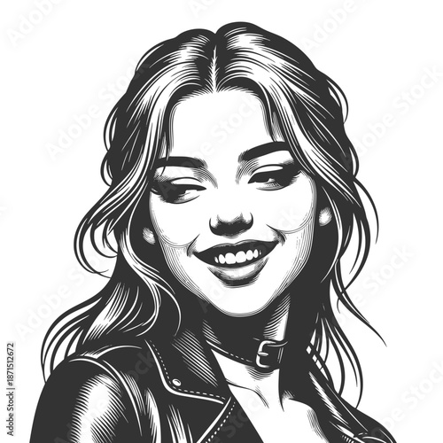 smiling young woman in a leather jacket and choker, expressing confidence and charm sketch engraving generative ai fictional character vector illustration. Scratch board imitation. Black and white.