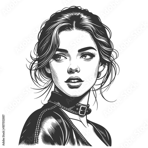 young woman with tousled hair and intense gaze, wearing a choker and dark top sketch engraving generative ai fictional character vector illustration. Scratch board imitation. Black and white image.