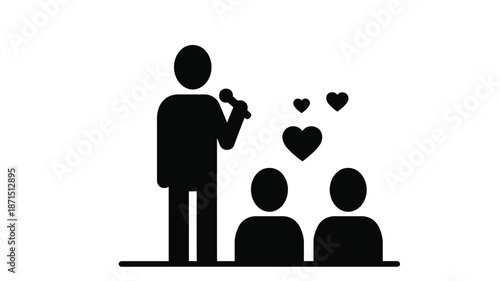 A singer performing on stage with hearts floating above an audience silhouette