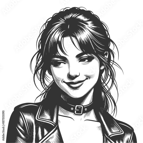 smiling young woman in a leather jacket and choker, expressing confidence and charm sketch engraving generative ai fictional character vector illustration. Scratch board imitation. Black and white.