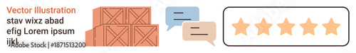 E-commerce, customer reviews, shipping logistics, product feedback, quality assurance, online marketplaces. Stacked shipping boxes, chat bubbles and five-star rating. E-commerce and customer reviews