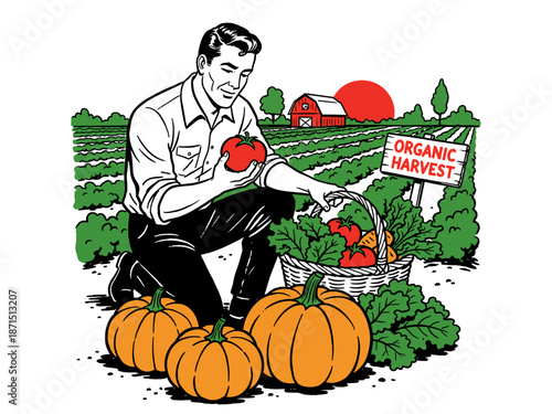 Retro Farmer Harvesting Organic Vegetables and Pumpkins. Vintage Farming Illustration.
