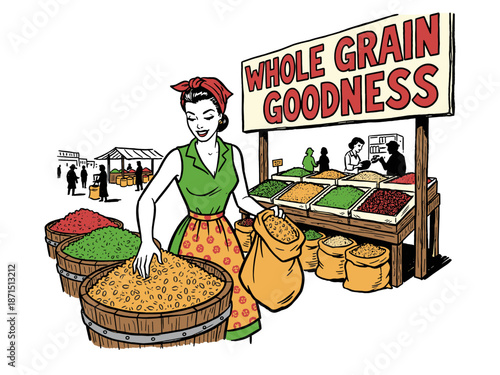 Retro market vendor selling whole grains. Vintage pop art illustration of a woman at a farmer's market spice stand, comic book style drawing.