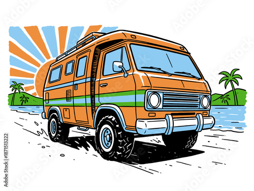Build for speed. Van print design for t shirt print, poster, sticker, background. Legend ride. Road trip graphic print. Extreme adventure.