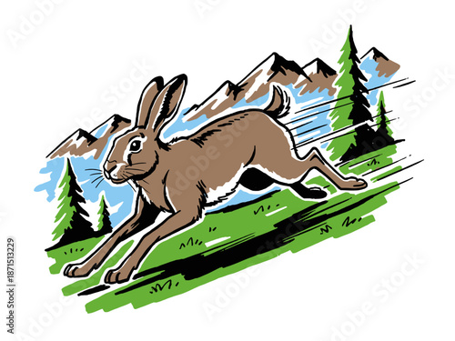 Speeding mountain hare illustration. Wild rabbit running in alpine landscape. Vintage cartoon style vector design for print, sticker, poster.