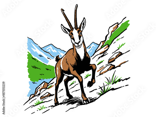 Chamois goat climbing steep mountain slope. Vintage style vector illustration or graphic print design for t-shirt or logo.