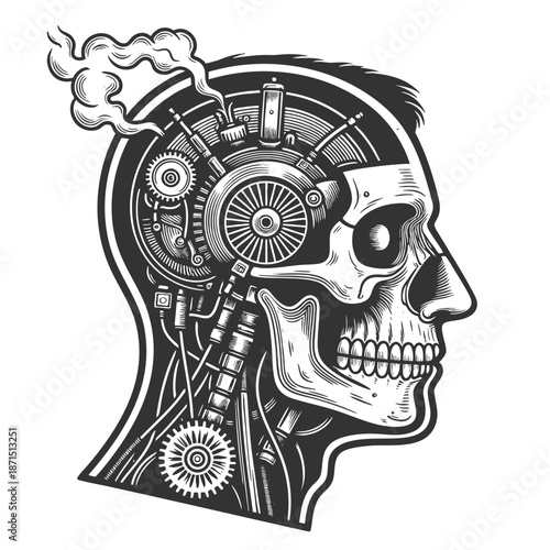 human head filled with gears, pipes, machinery, symbolizing artificial intelligence and steampunk technology sketch engraving generative ai fictional character vector. Scratch board. Black and white.