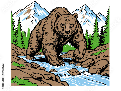 Grizzly bear walking through river in mountain forest landscape. Vintage wild animal vector illustration for t shirt print, poster design.