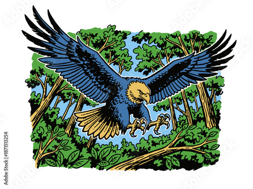 Retro comic style eagle flying, talons ready to strike. Mascot graphic design for t shirt print, poster, sticker, label. Bird in forest cartoon.