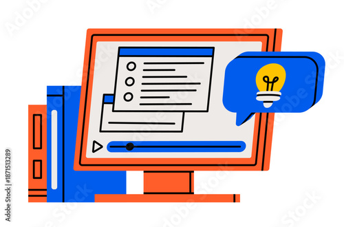 Hand drawn cute illustration of computer monitor with books. Flat vector online education or study device doodle. Training class or course. Office workplace icon. Remote work or freelance. Isolated.