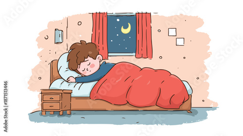 Peaceful Cartoon Boy Sleeping in Bedroom at Night Vector Illustration