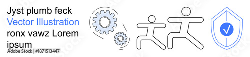 Collaboration, process automation, safety measures, teamwork, digital solutions, system security. Gears, running figures and shield with a checkmark. Collaboration and system security concepts