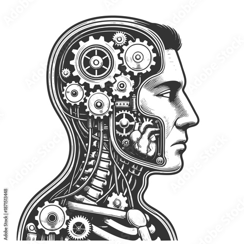 human head filled with gears, pipes, machinery, symbolizing artificial intelligence and steampunk technology sketch engraving generative ai fictional character vector. Scratch board. Black and white.