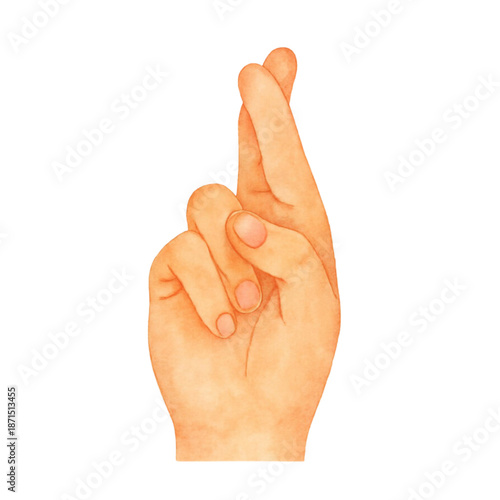 A human hand displays the fingers crossed gesture, symbolizing luck, hope, or deceit, isolated against a white background in a watercolor style.