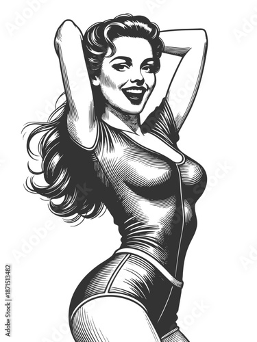 confident woman with wavy hair wearing a tight top and high-waisted shorts, posing playfully sketch engraving generative ai fictional character vector illustration. Scratch board. Black and white.