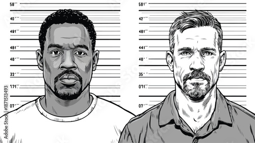Criminal Mugshot in Police Station - Vector Illustration with Outline