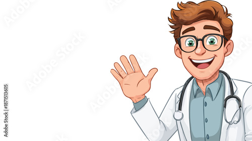 Cheerful Young Doctor Waving Cartoon Vector Illustration with Outline for Medical Designs