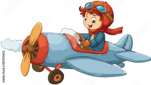 Joyful Cartoon Little Boy Riding Airplane Vector Illustration with Outline Drawing