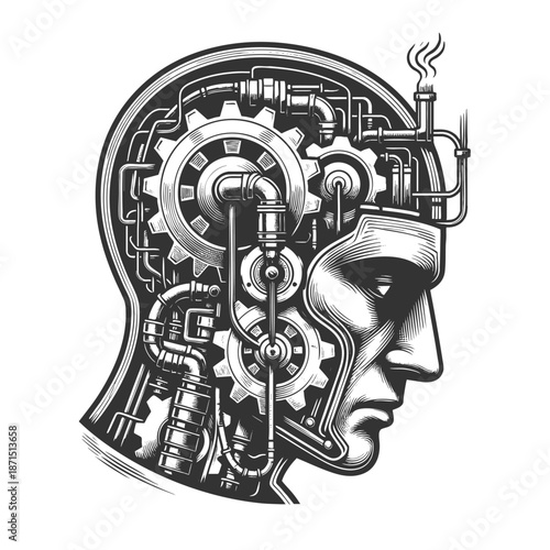 human head filled with gears, pipes, machinery, symbolizing artificial intelligence and steampunk technology sketch engraving generative ai fictional character vector. Scratch board. Black and white.