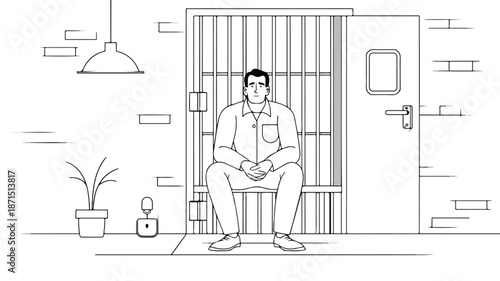Prisoner Being Locked in Prison Vector - Professional Illustration with Outline Isolation