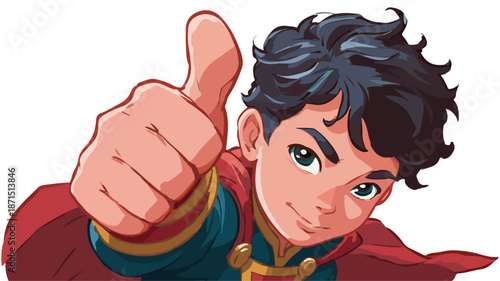 Superhero Boy Giving Thumbs Up Gesture with Outline on White Background