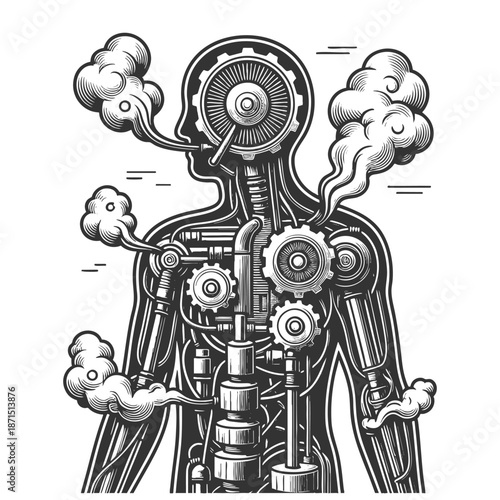 human body filled with gears, pipes, and steam, blending anatomy with mechanical steampunk elements sketch engraving generative ai vector illustration. Scratch board imitation. Black and white image.