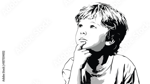 Young Boy Thinking Vector on White Background - Isolated Outline Illustration