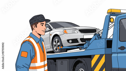 Male roadside assistance driver towing car with truck and vehicle, vector  