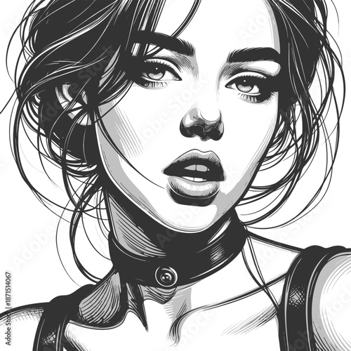 young woman with tousled hair and intense gaze, wearing a choker and dark top sketch engraving generative ai fictional character vector illustration. Scratch board imitation. Black and white image.