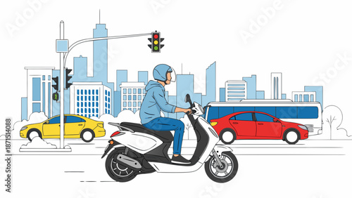 Man driving electric scooter in city traffic with skyscrapers in background, vector  