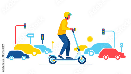 Man riding electric scooter in city traffic with colorful vehicles, vector 