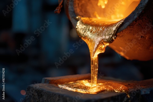 gold pouring from a melting pot in a smelting plant