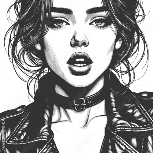 young woman with tousled hair and intense gaze, wearing a choker and dark top sketch engraving generative ai fictional character vector illustration. Scratch board imitation. Black and white image.
