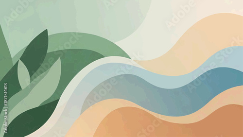 The abstract illustration depicts wavy lines and leaves in a harmonious natural scenery