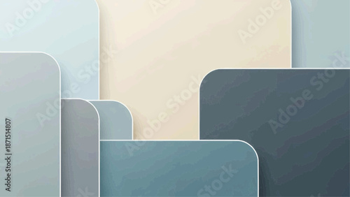 A serene abstract composition showcases various rectangular shapes in soothing shades of blue and beige layered on top of each other in a modern artistic arrangement.