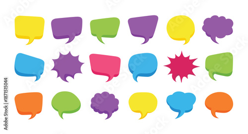 Colorful speech bubble icon set with chat message balloons in various shapes. Vector communication illustration.