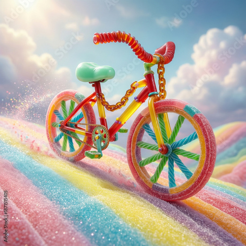 Una bicicleta hecha de dulces coloridos, con ruedas de gominolas y manillar de caramelo, sobre un camino arcoíris bajo un cielo soleado