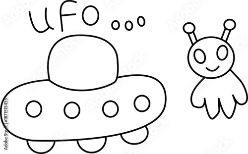 Cute Hand Drawn UFO with Small Alien Character Doodle
