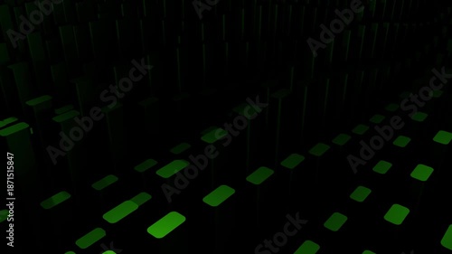 Seamless 4K Abstract Loop: Futuristic Dark Digital Landscape of Glowing Green Geometric Pillars – High-Tech Presentation Background